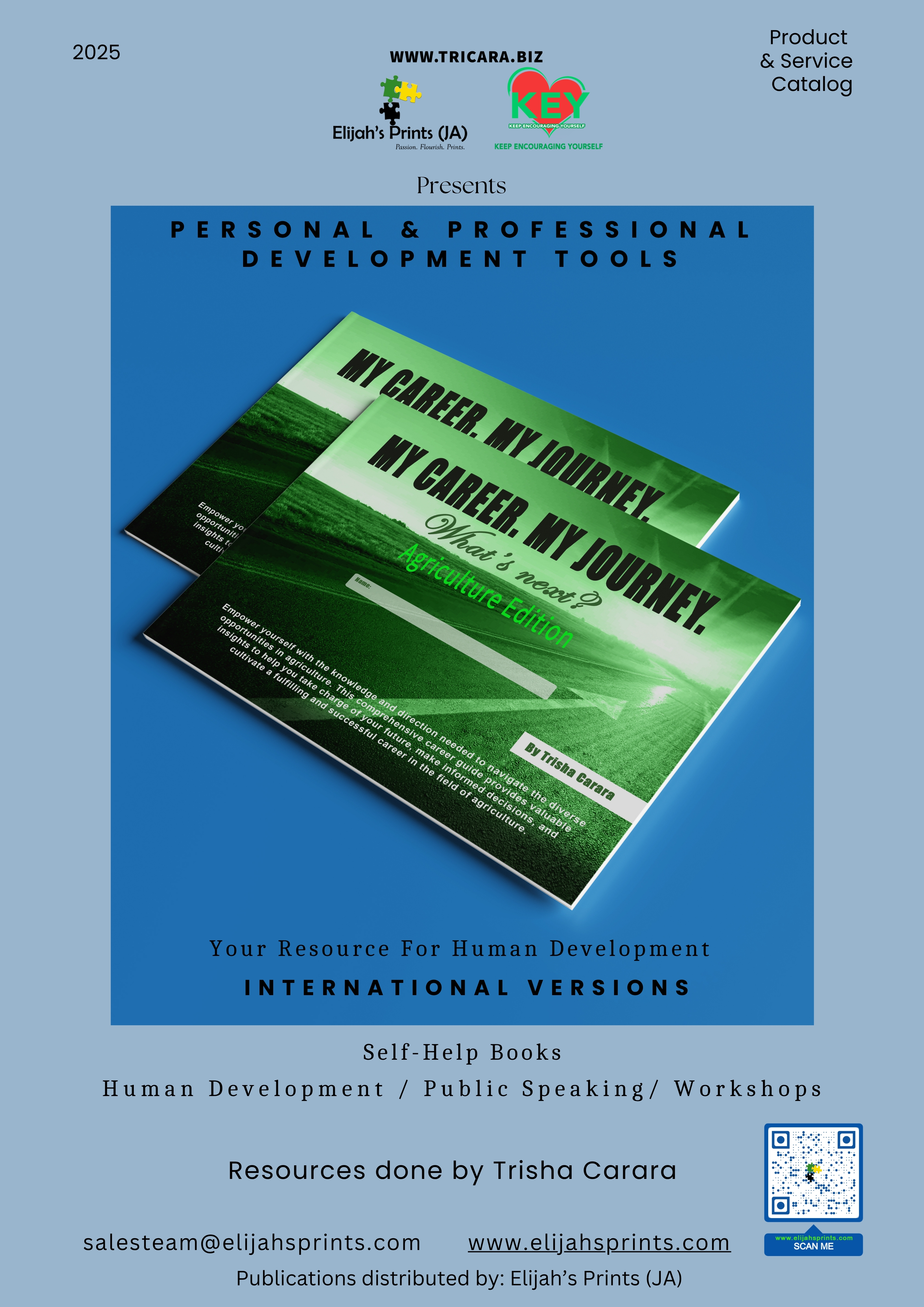 International Version Product Catalogue cover featuring My Career My Journey and other development tools by Trisha Carara, including Agriculture Edition