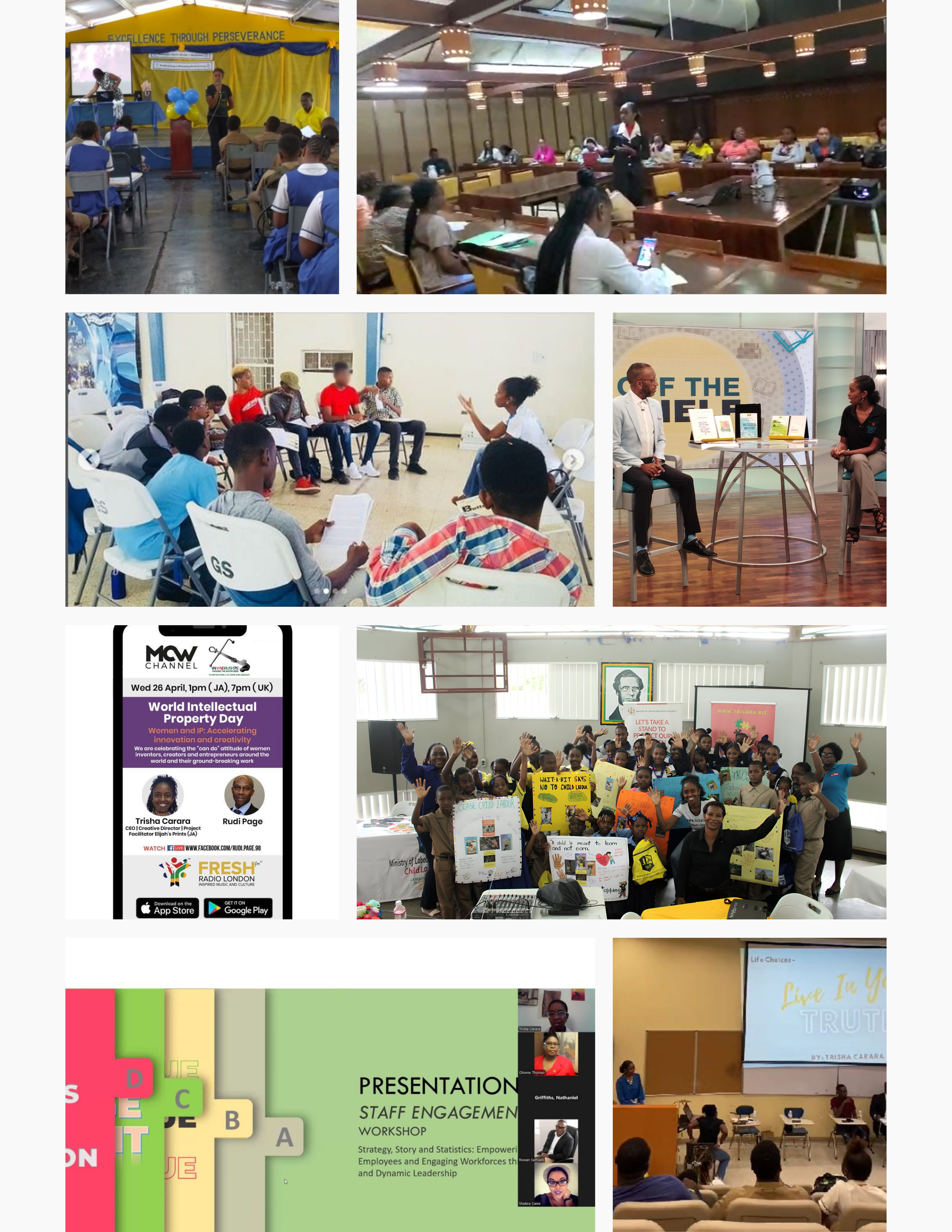 Trisha Carara leading multiple speaking engagements including workshops, panel discussions, and youth empowerment sessions across various venues in Jamaica